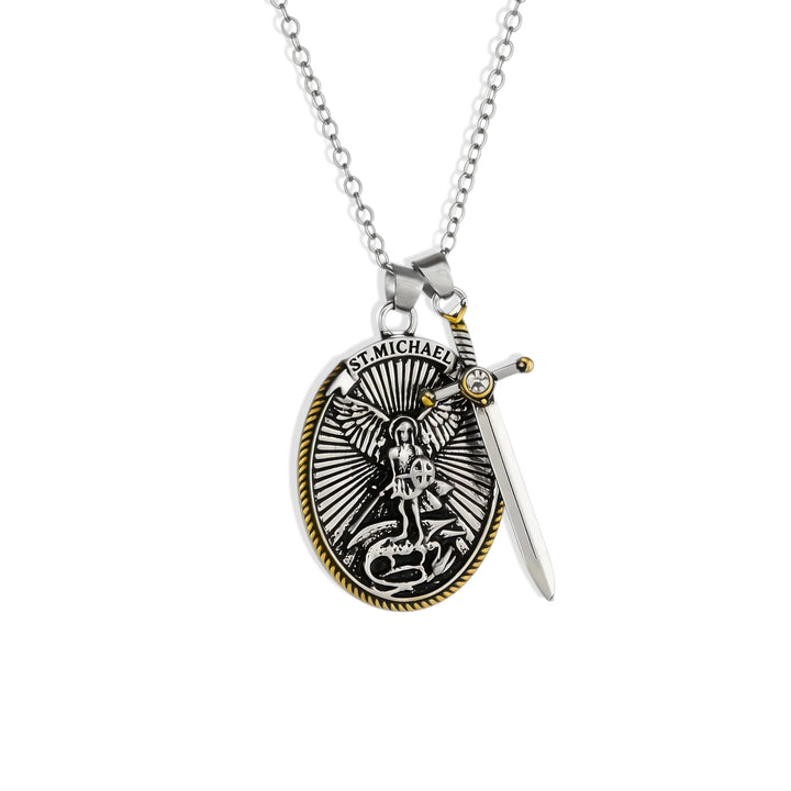 BlessingTree St. Michael the Archangel Medal Necklace with Sword Charm Alloy Catholic Pendant