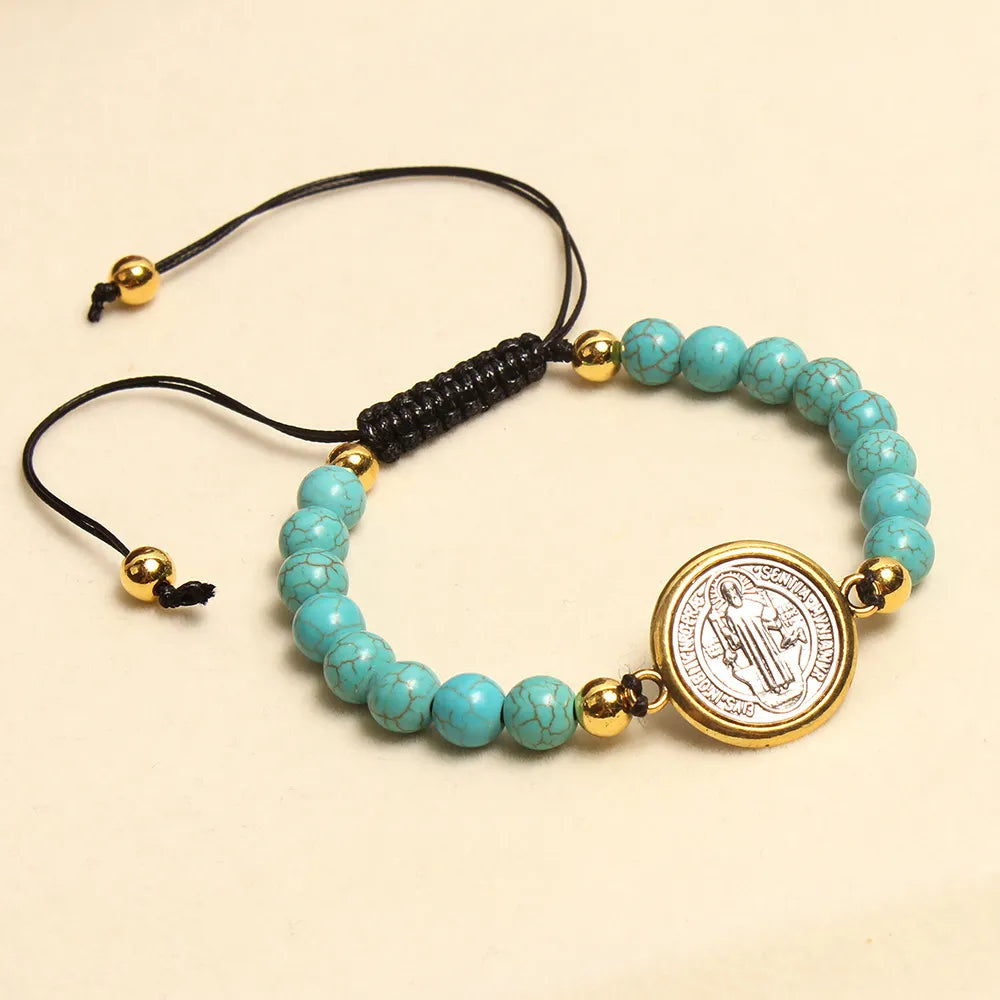BlessingTree St Benedict Turquoise Beaded Bracelet Catholic Handmade Adjustable Bracelet
