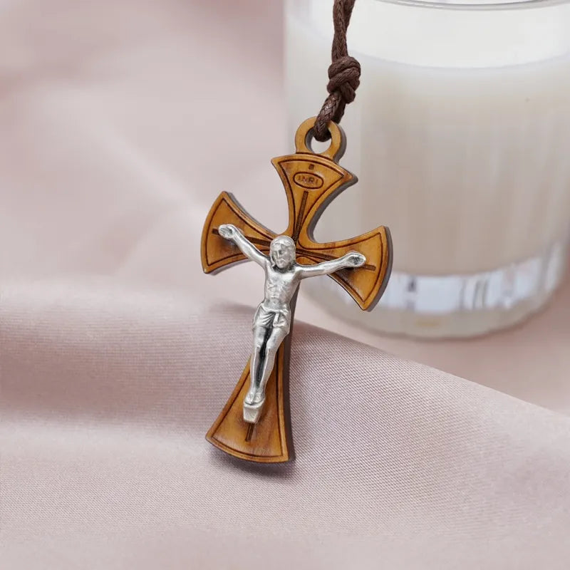 BlessingTree Olive Wood Crucifix Necklace with Corpus and Cord