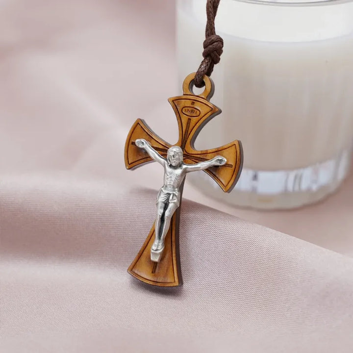 BlessingTree Olive Wood Crucifix Necklace with Corpus and Cord