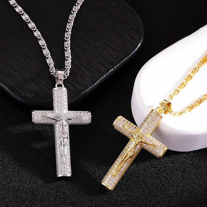 BlessingTree Crucifix Pendant Necklace Zircon Studded Stainless Steel Catholic Chain