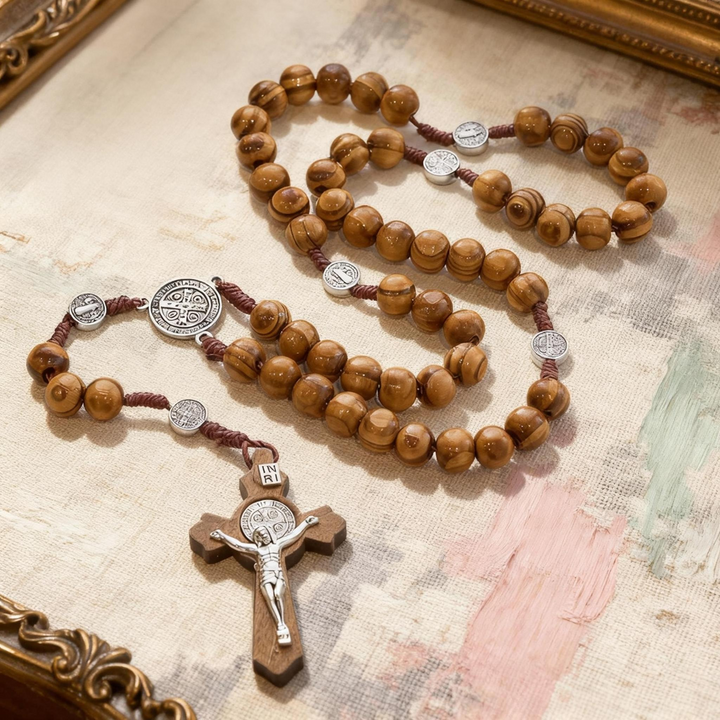 BlessingTree St. Benedict Wooden Rosary Necklace for Daily Prayer