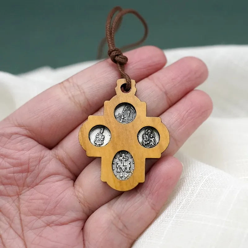 BlessingTree Four Medallion Olive Wood Crucifix Necklace with Virgin Mary - Scapular Devotion