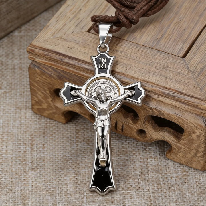 BlessingTree Saint Benedict Crucifix Necklace with Cord Silver Plated Black Enamel