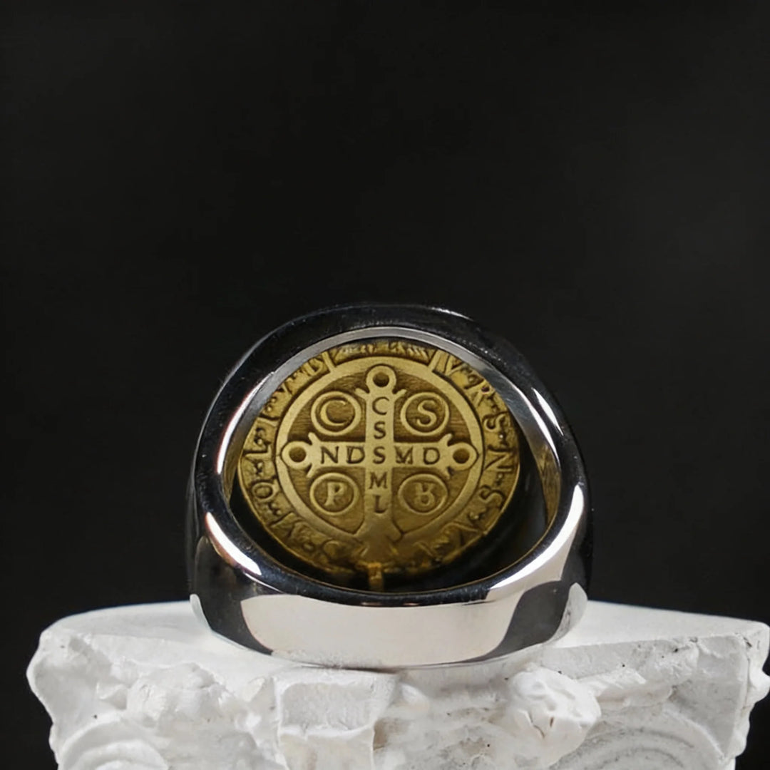 BlessingTree St. Benedict Medal Titanium Steel Ring with PAX Inscription