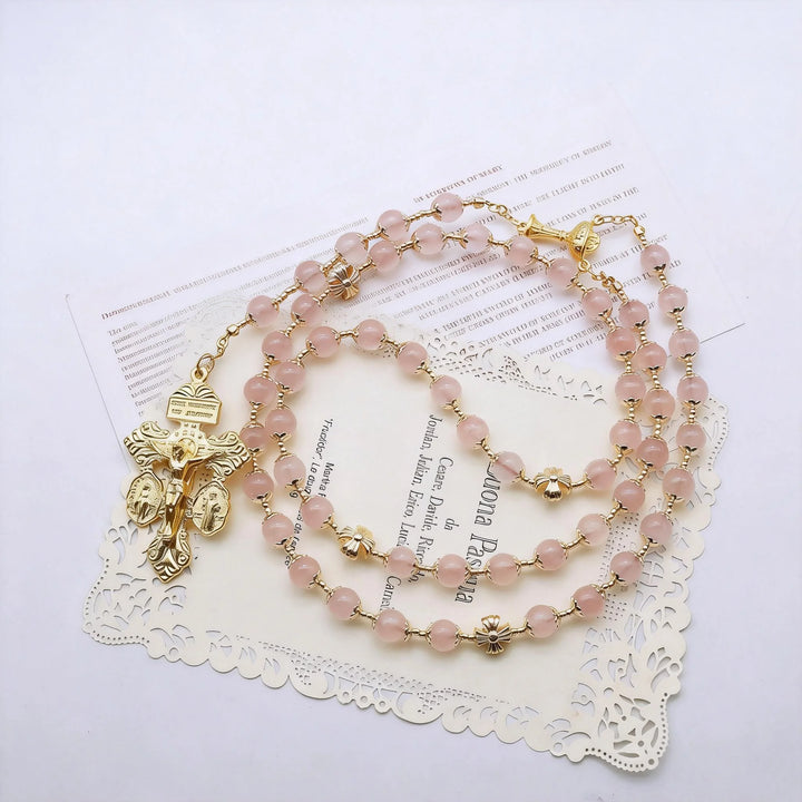 BlessingTree 8 mm Rose Quartz Rosary with Chalice and Forgiveness Cross