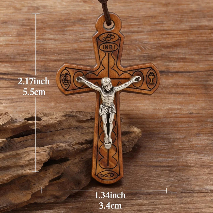 BlessingTree Olive Wood Crucifix Pendant Necklace with Jesus Corpus and INRI Inscription
