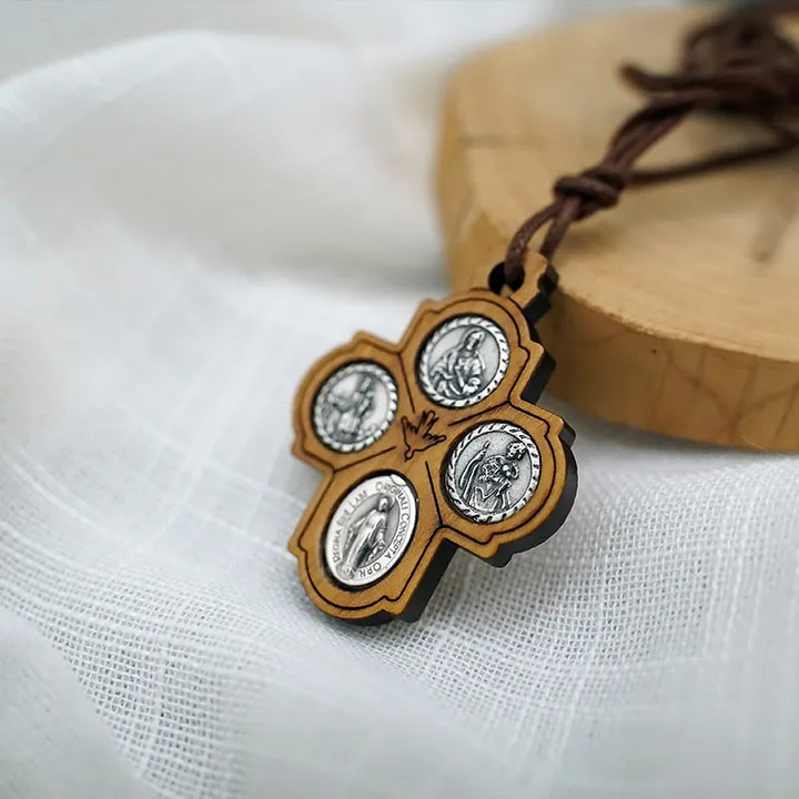 BlessingTree Four Medallion Olive Wood Crucifix Necklace with Virgin Mary - Scapular Devotion