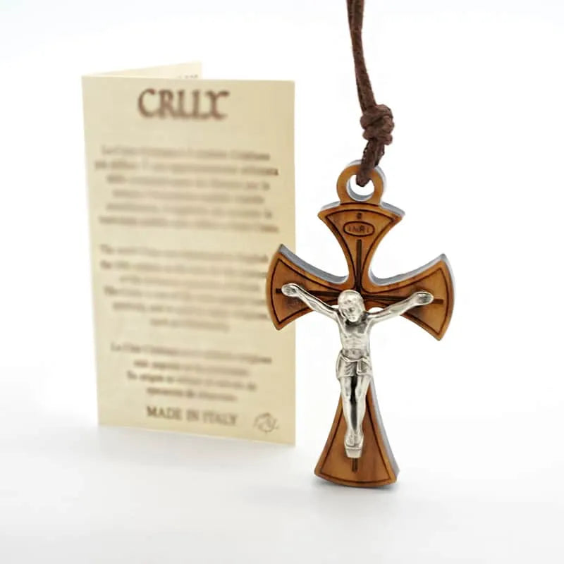 BlessingTree Olive Wood Crucifix Necklace with Corpus and Cord
