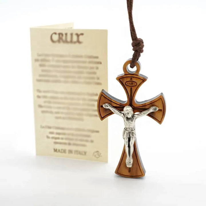BlessingTree Olive Wood Crucifix Necklace with Corpus and Cord