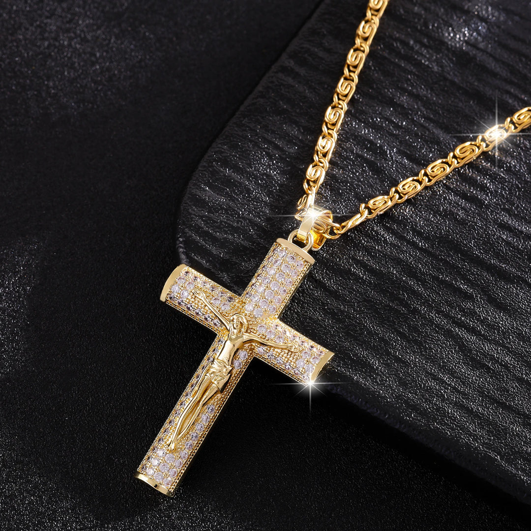 BlessingTree Crucifix Pendant Necklace Zircon Studded Stainless Steel Catholic Chain