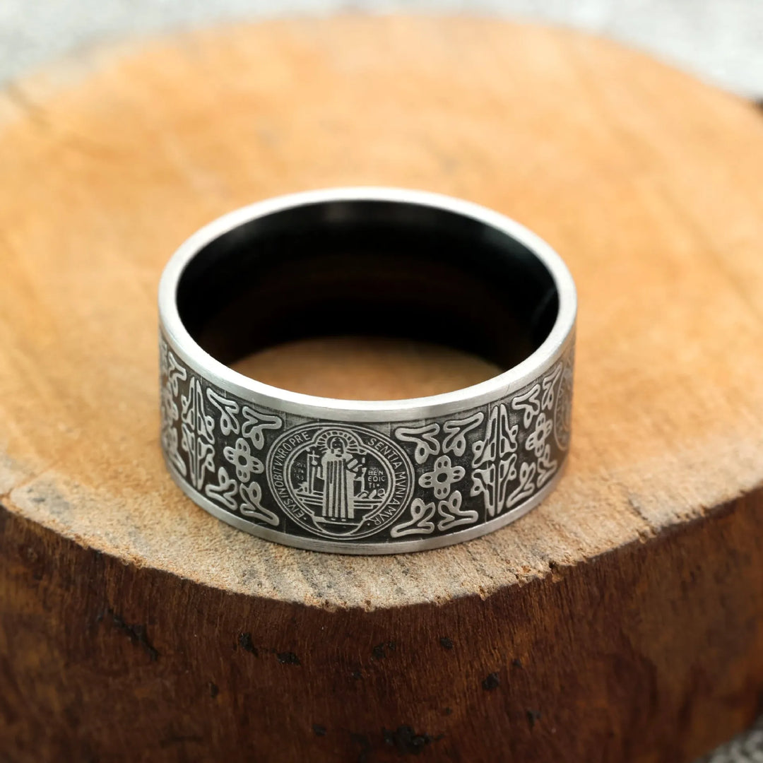 BlessingTree St Benedict Medal Ring Stainless Steel Catholic Protective Ring