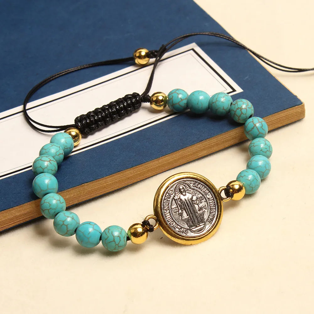 BlessingTree St Benedict Turquoise Beaded Bracelet Catholic Handmade Adjustable Bracelet