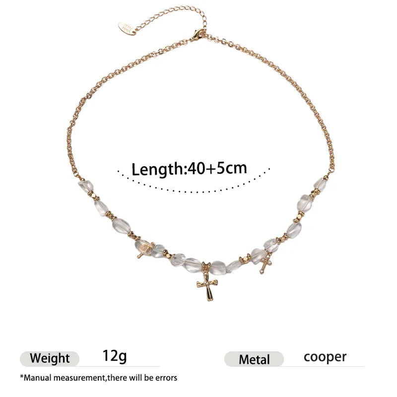 BlessingTree Vintage Zircon Cross Beaded Necklace with Crystal Chips