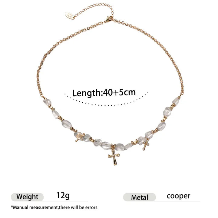 BlessingTree Vintage Zircon Cross Beaded Necklace with Crystal Chips