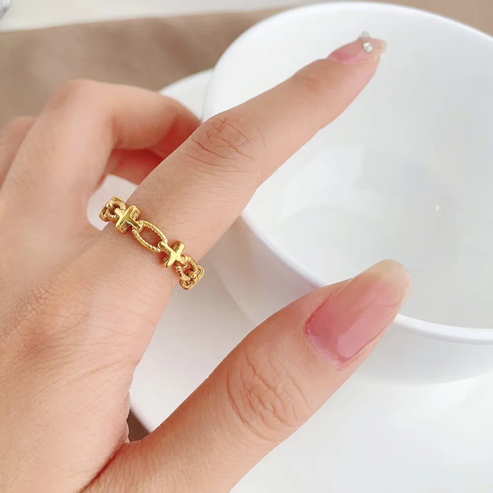 BlessingTree Hollow Cross Geometric Ring Gold Plated Titanium Steel