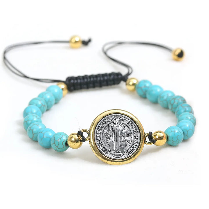 BlessingTree St Benedict Turquoise Beaded Bracelet Catholic Handmade Adjustable Bracelet
