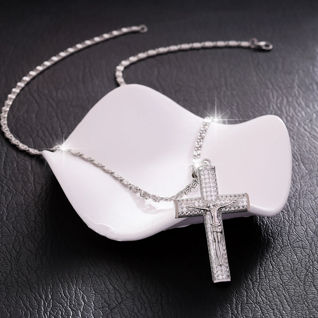 BlessingTree Crucifix Pendant Necklace Zircon Studded Stainless Steel Catholic Chain