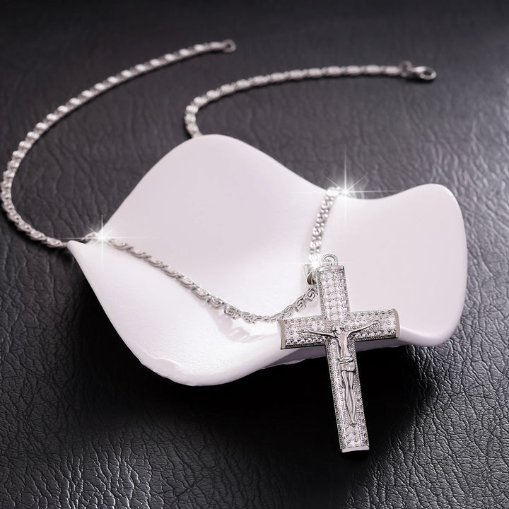 BlessingTree Crucifix Pendant Necklace Zircon Studded Stainless Steel Catholic Chain