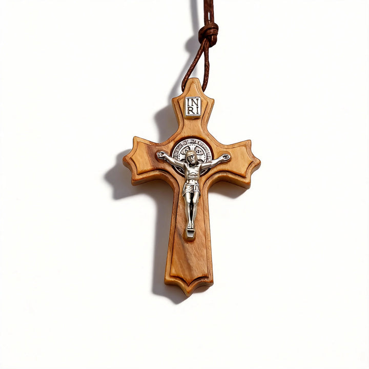 BlessingTree Olive Wood St. Benedict Crucifix Pendant with INRI