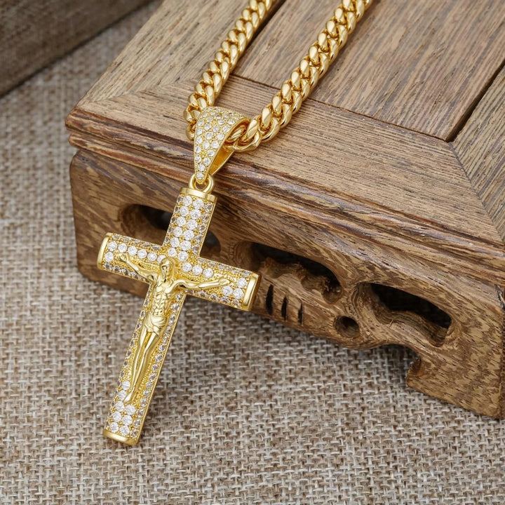 BlessingTree Iced Out Crucifix Pendant Necklace Gold Plated Zircon Cuban Link Chain