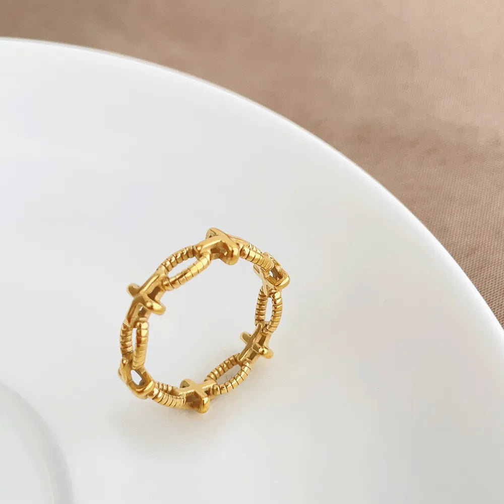 BlessingTree Hollow Cross Geometric Ring Gold Plated Titanium Steel