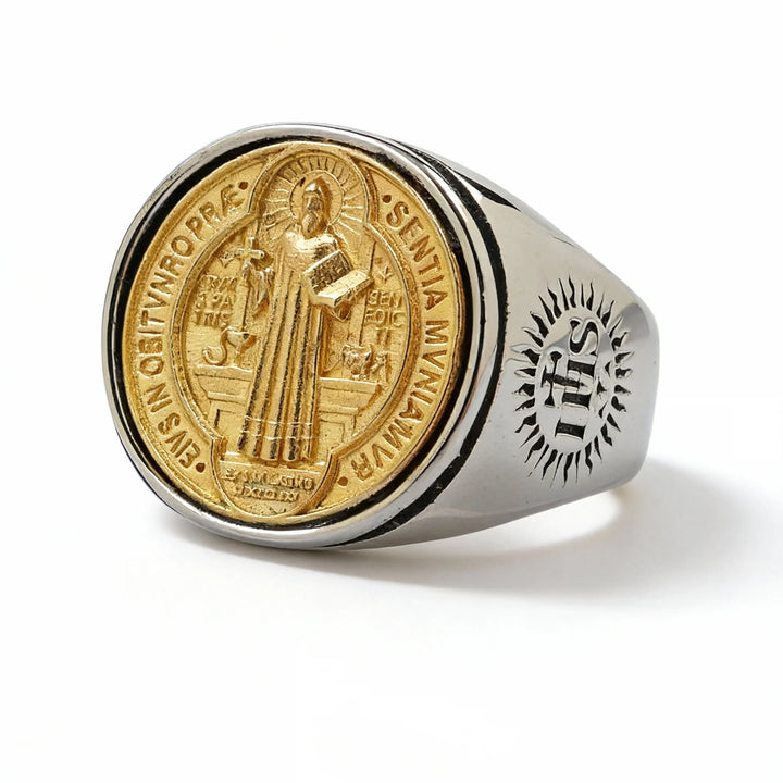 BlessingTree St. Benedict Medal Titanium Steel Ring with PAX Inscription