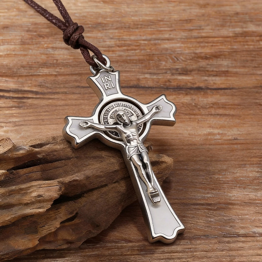 BlessingTree Saint Benedict Crucifix Pendant White Enamel Catholic Cross Necklace