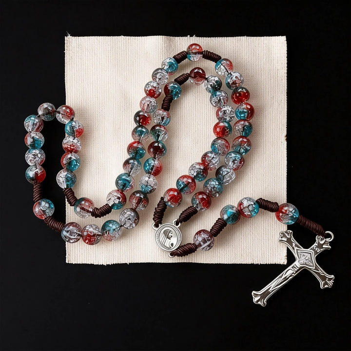 BlessingTree Colorful Crackle Bead Rosary, 10 mm Acrylic Beads with Hand Knotted Cord, Catholic Prayer Rosary