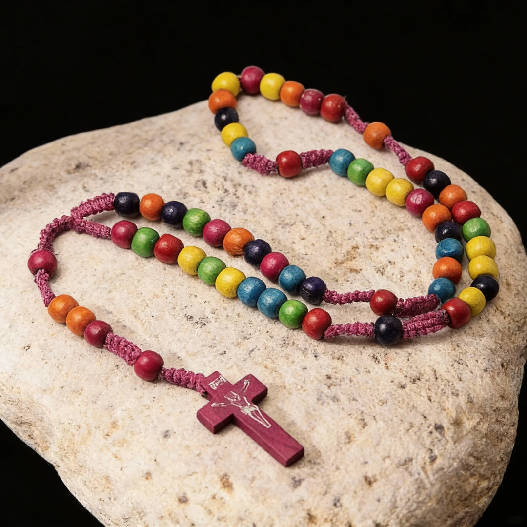 BlessingTree Kids Colorful Wooden Rosary Hand Woven Cord 8mm Beads with Cross Pendant