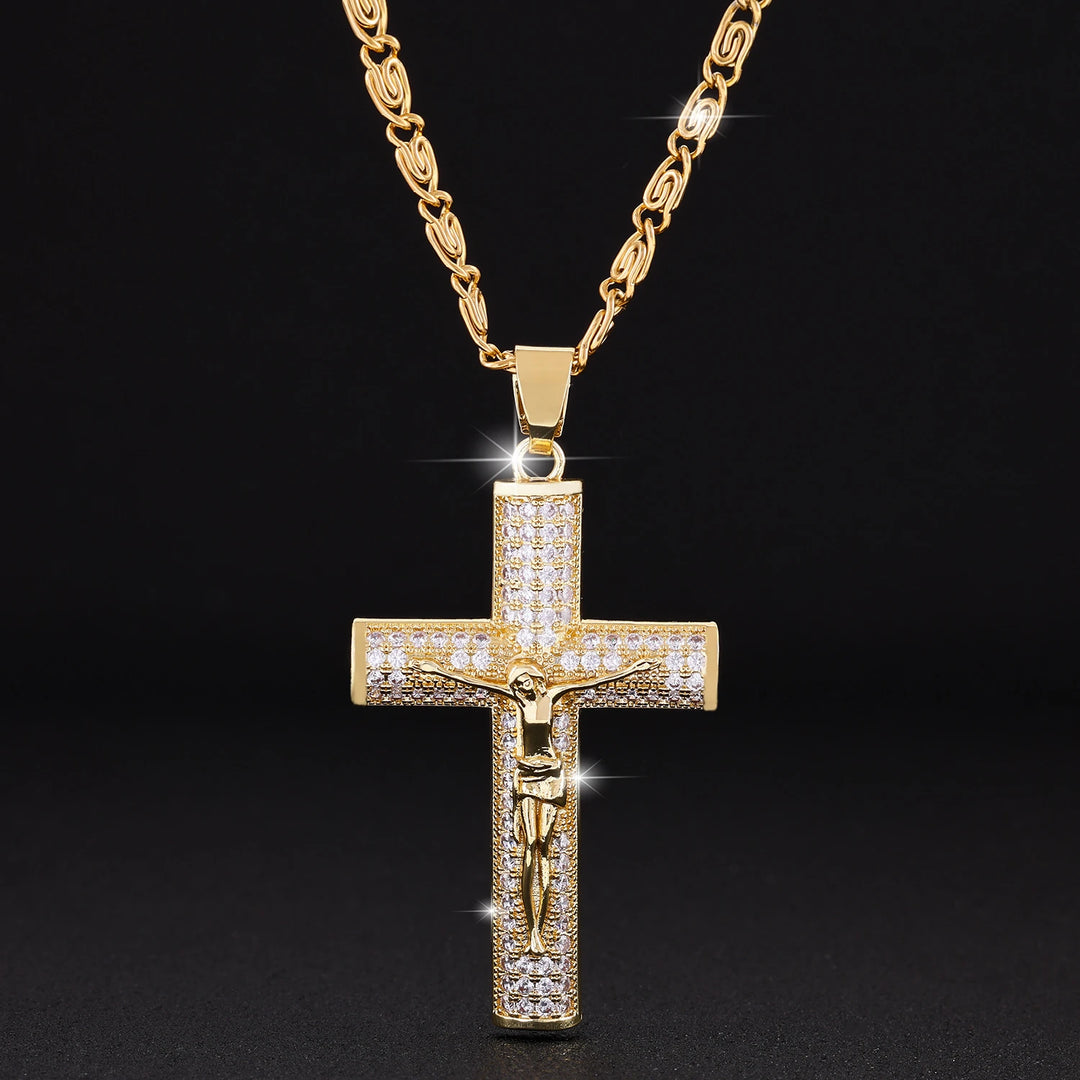 BlessingTree Crucifix Pendant Necklace Zircon Studded Stainless Steel Catholic Chain