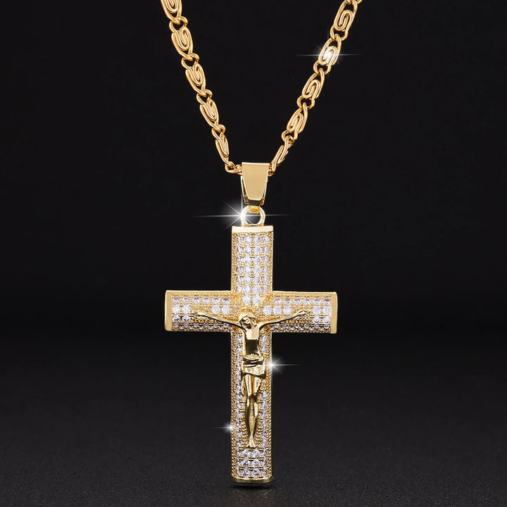 BlessingTree Crucifix Pendant Necklace Zircon Studded Stainless Steel Catholic Chain