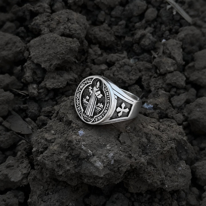 BlessingTree Vintage St. Benedict Stainless Steel Ring