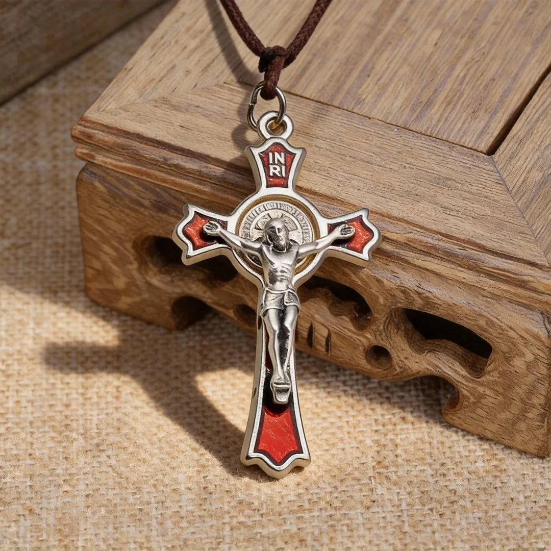 BlessingTree Saint Benedict Crucifix Pendant Silver Plated Alloy with Red Enamel and INRI
