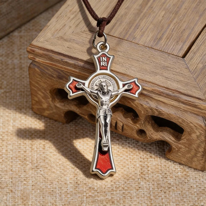 BlessingTree Saint Benedict Crucifix Pendant Silver Plated Alloy with Red Enamel and INRI