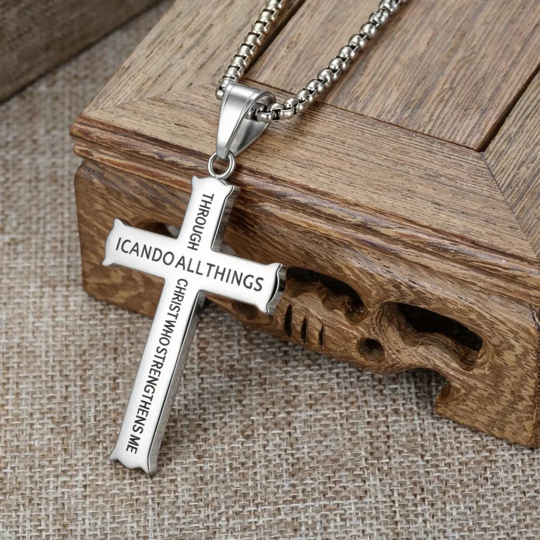 BlessingTree Philippians 4:13 Cross Pendant Necklace Stainless Steel Scripture Christian