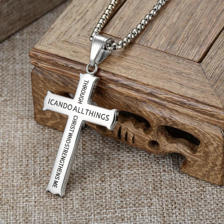 BlessingTree Philippians 4:13 Cross Pendant Necklace Stainless Steel Scripture Christian