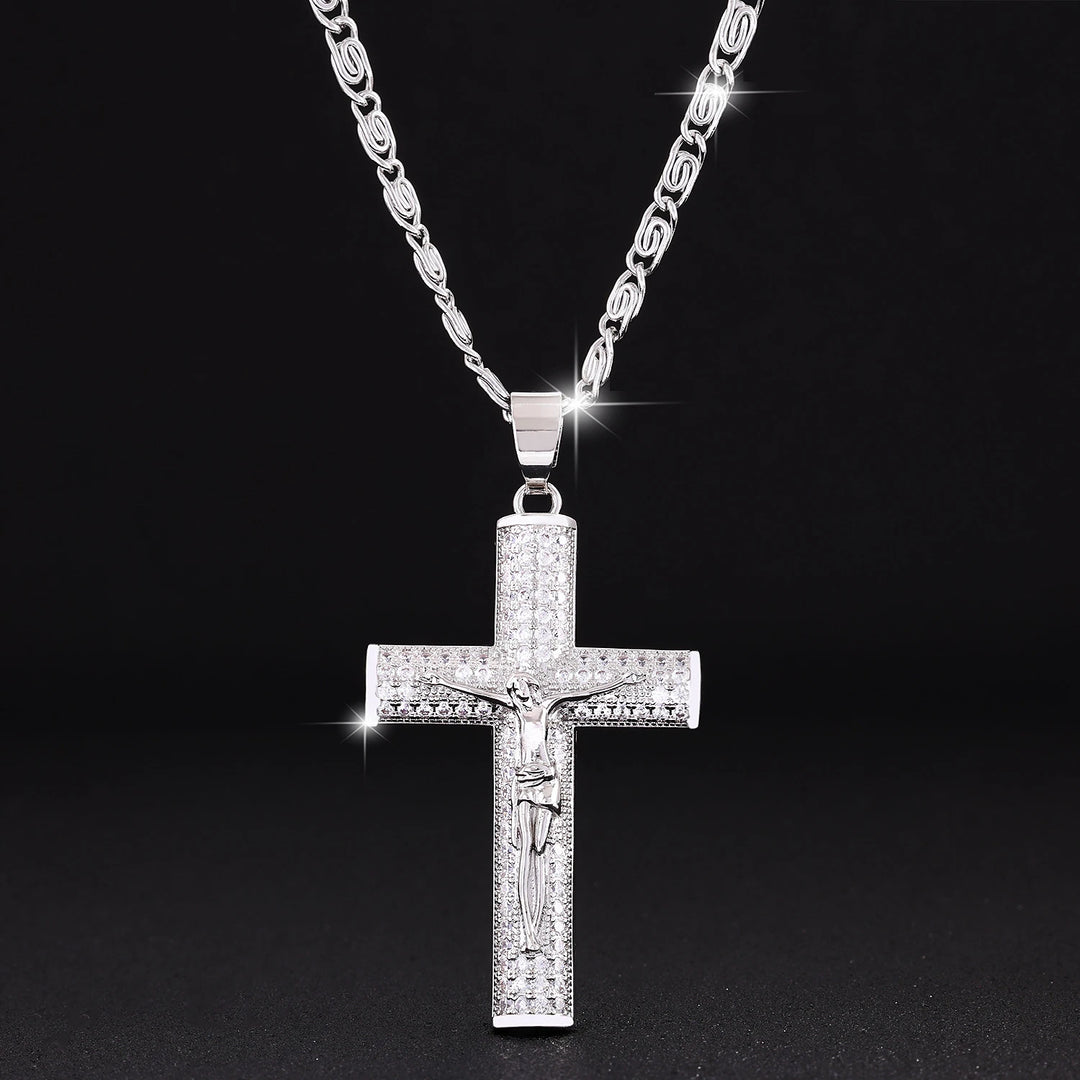 BlessingTree Crucifix Pendant Necklace Zircon Studded Stainless Steel Catholic Chain