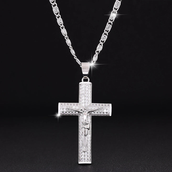 BlessingTree Crucifix Pendant Necklace Zircon Studded Stainless Steel Catholic Chain