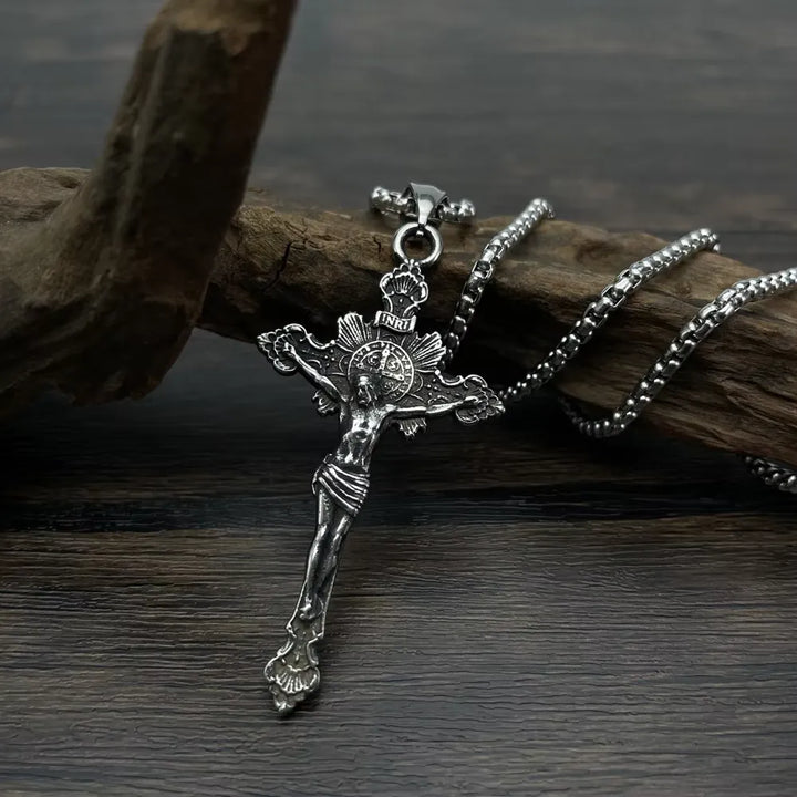 BlessingTree Stainless Steel INRI Crucifix Necklace with Jesus Figure Catholic Cross Pendant