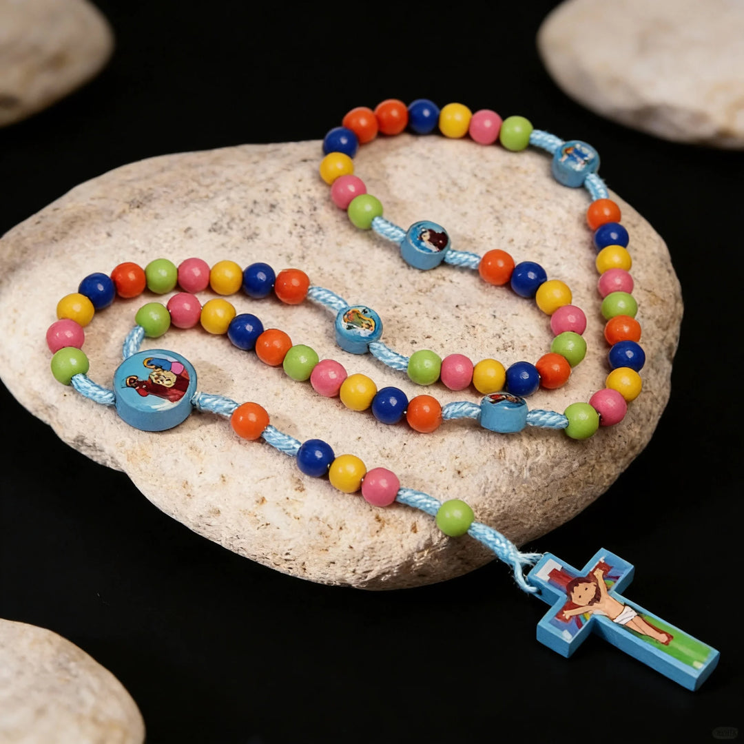 BlessingTree Kids Colorful Rosary Necklace with Cartoon Cross