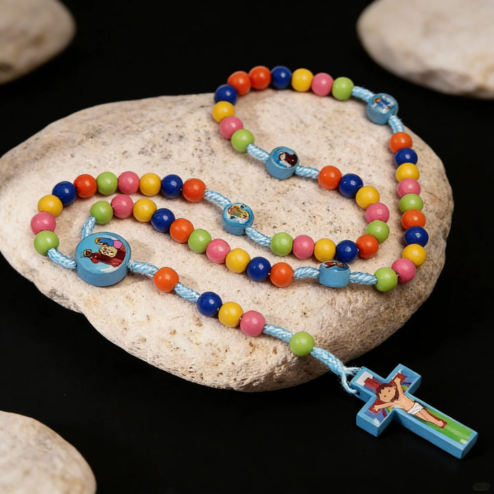 BlessingTree Kids Colorful Rosary Necklace with Cartoon Cross