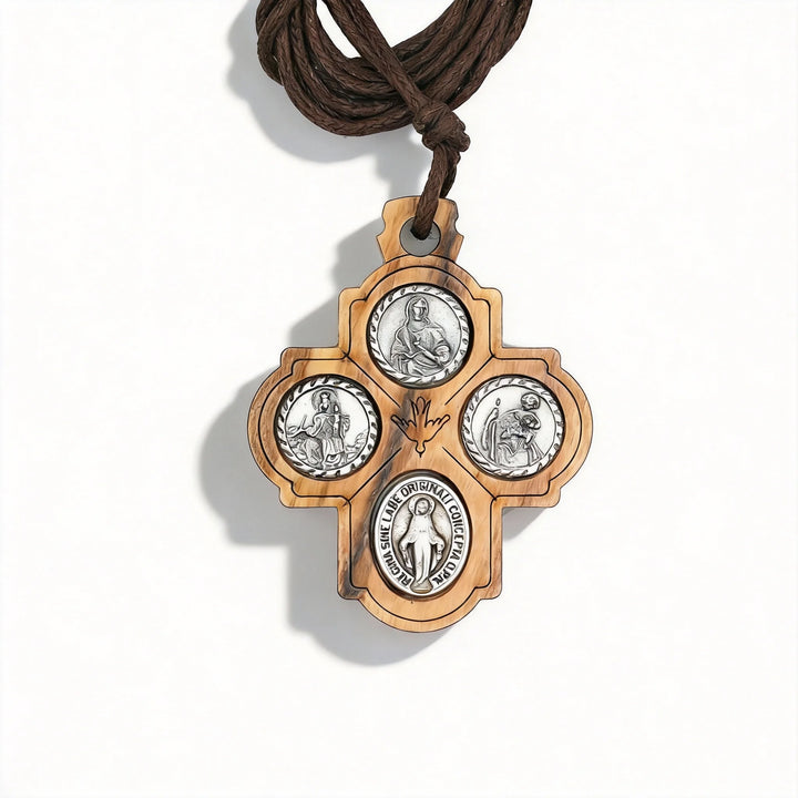 BlessingTree Four Medallion Olive Wood Crucifix Necklace with Virgin Mary - Scapular Devotion