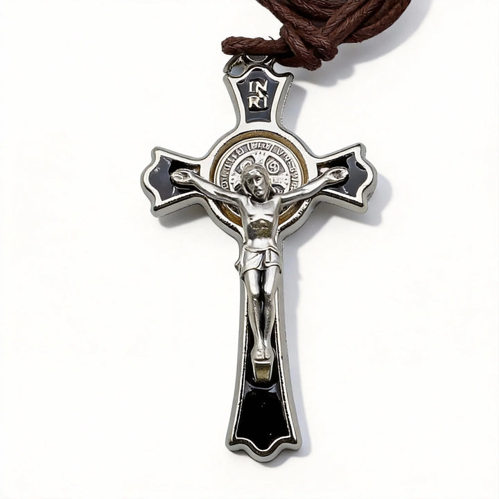 BlessingTree Saint Benedict Crucifix Necklace with Cord Silver Plated Black Enamel
