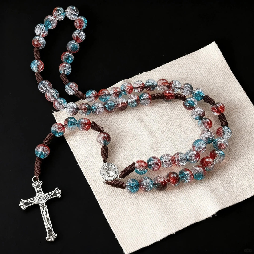 BlessingTree Colorful Crackle Bead Rosary, 10 mm Acrylic Beads with Hand Knotted Cord, Catholic Prayer Rosary