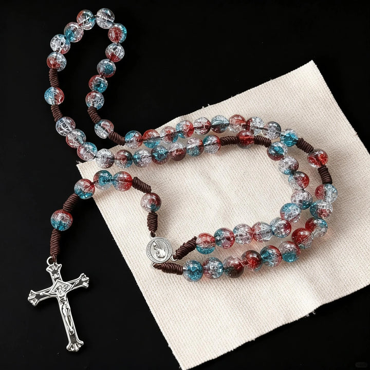 BlessingTree Colorful Crackle Bead Rosary, 10 mm Acrylic Beads with Hand Knotted Cord, Catholic Prayer Rosary