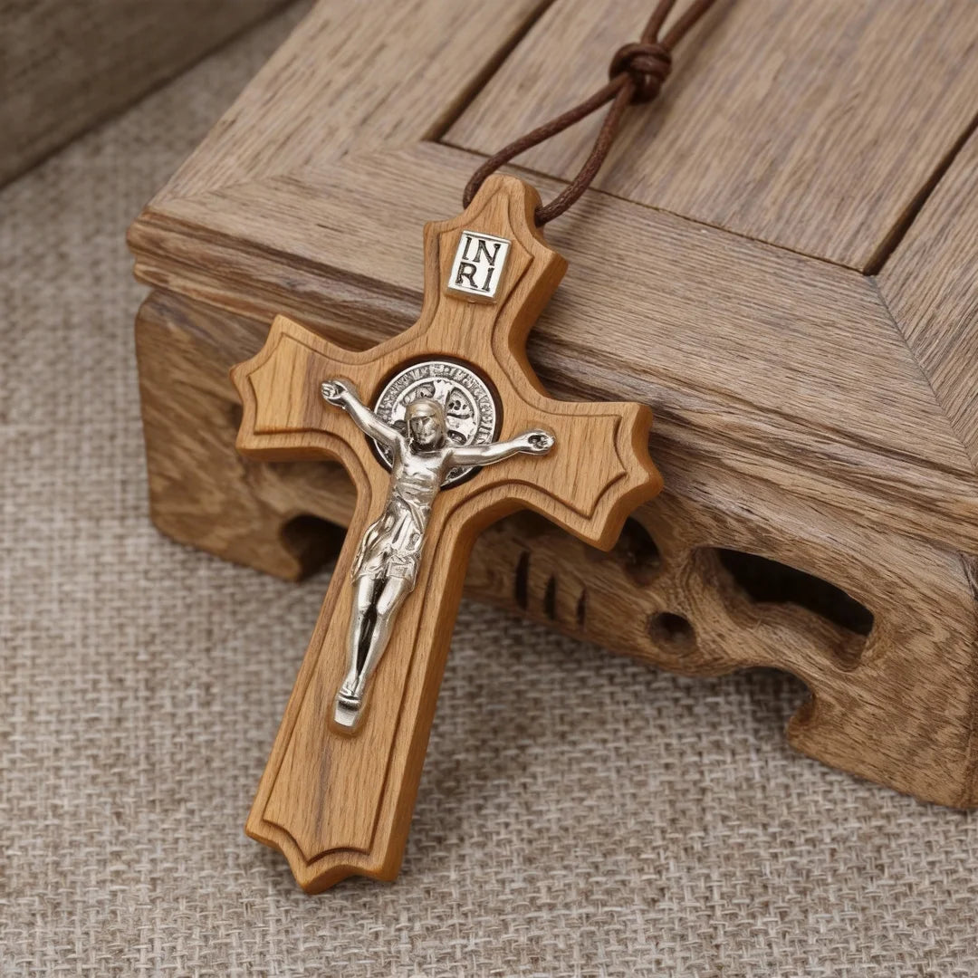 BlessingTree Olive Wood St. Benedict Crucifix Pendant with INRI