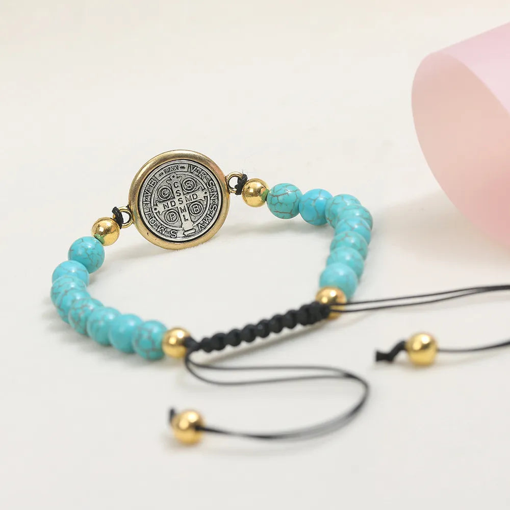 BlessingTree St Benedict Turquoise Beaded Bracelet Catholic Handmade Adjustable Bracelet