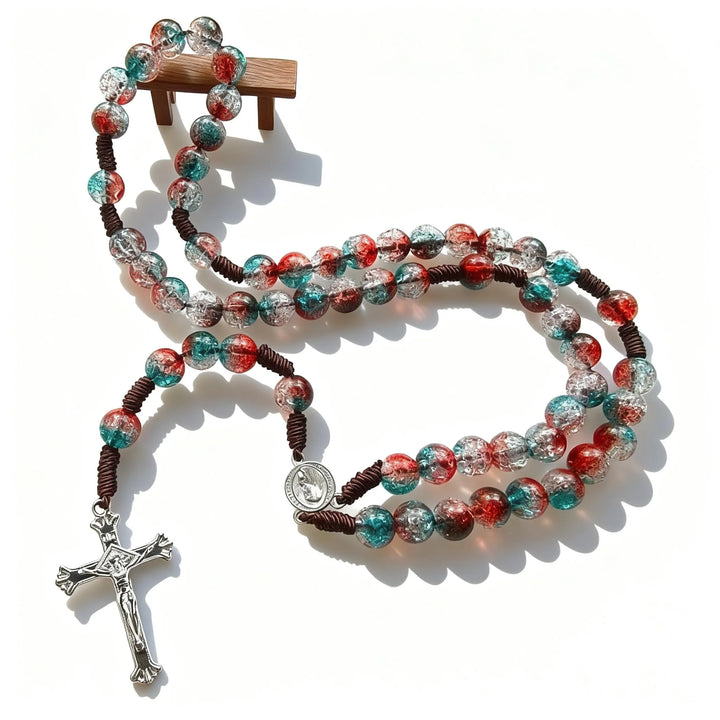 BlessingTree Colorful Crackle Bead Rosary, 10 mm Acrylic Beads with Hand Knotted Cord, Catholic Prayer Rosary
