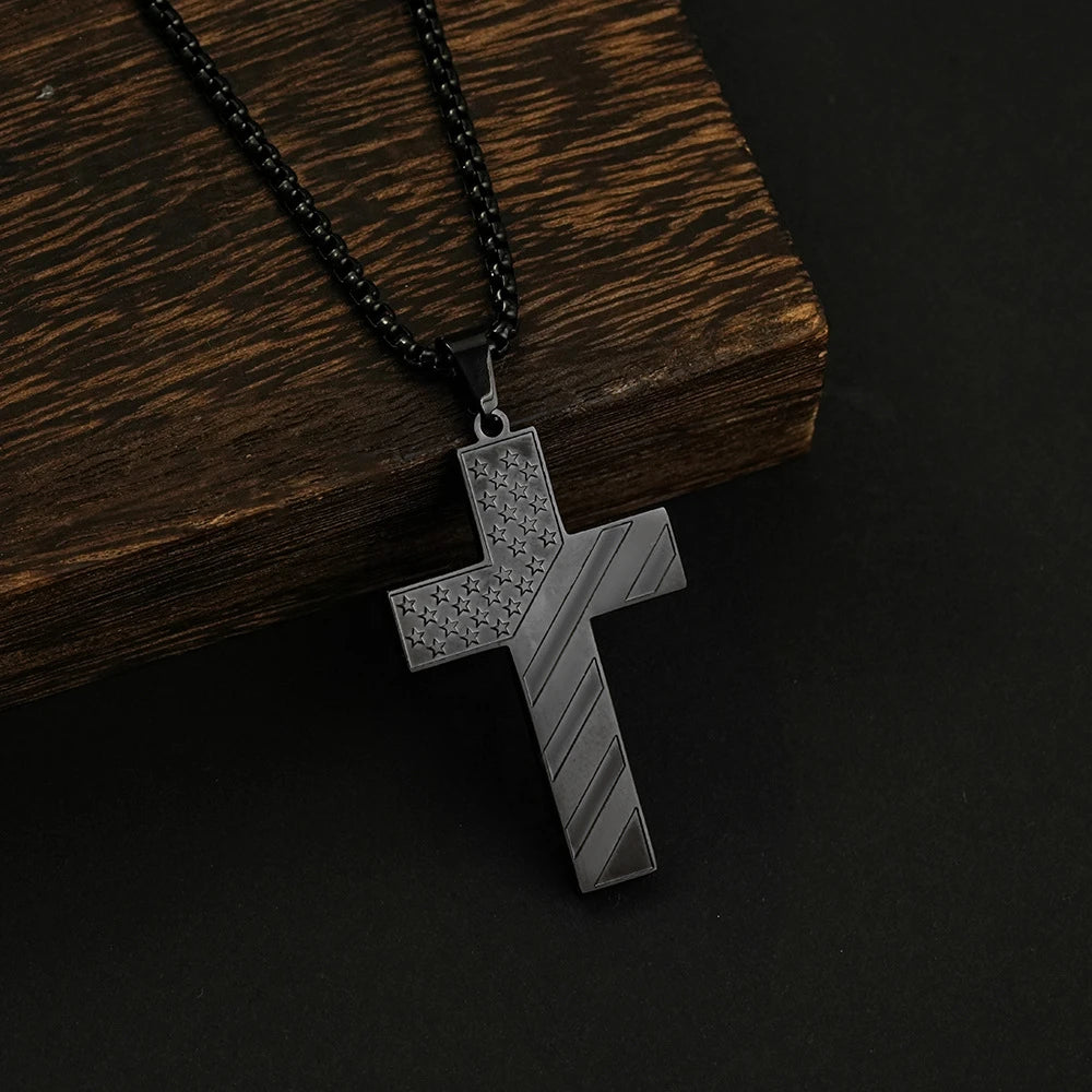 BlessingTree Black Stainless Steel Inspirational Quote Pendant Necklace 24 Inch Flag Motif